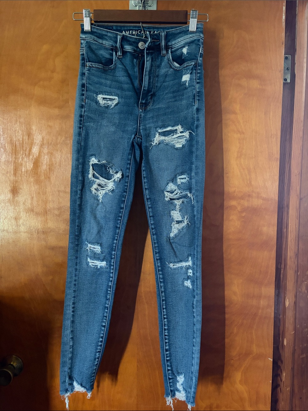 American Eagle Outfitters Distressed Cropped High-Rise Jeans - Dark Blue